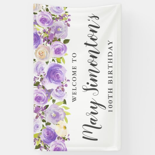 Rustic Paars Floral Greenery 100th Birthday Spandoek (Verticaal)