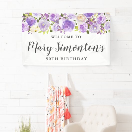 Rustic Paars Floral Greenery 90th Birthday Spandoek (Insitu)
