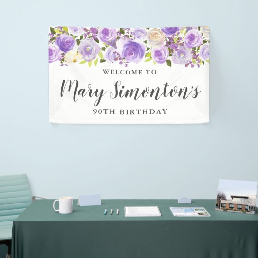 Rustic Paars Floral Greenery 90th Birthday Spandoek (Beurs)