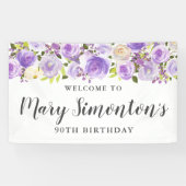 Rustic Paars Floral Greenery 90th Birthday Spandoek (Horizontaal)