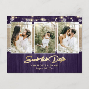 Rustic Paars Gold Wedding Photo Save the Date Aankondigingskaart