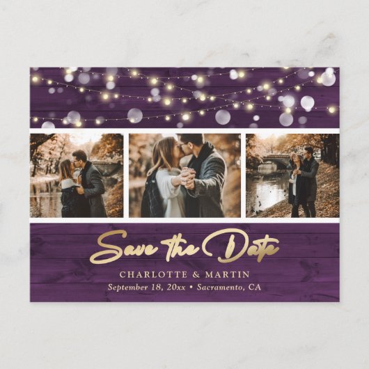 Rustic Paars Gold Wedding Photo Save the Date Aankondigingskaart (Voorkant)