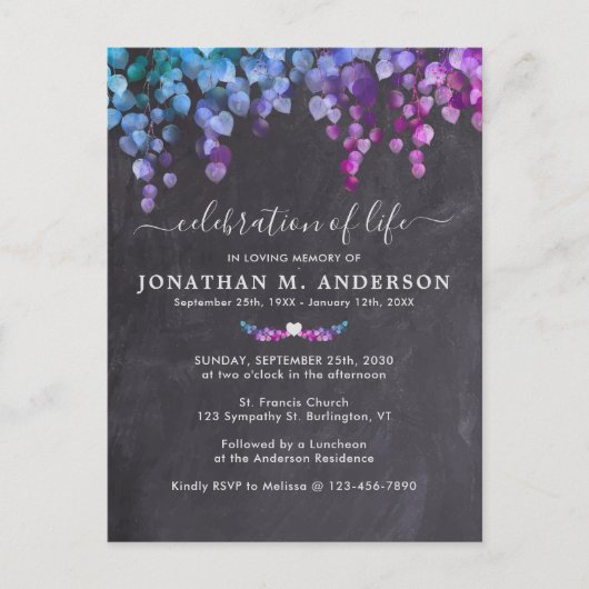 Rustic Paars Greenery Celebration of Life Funeral Uitnodiging Briefkaart (Voorkant)