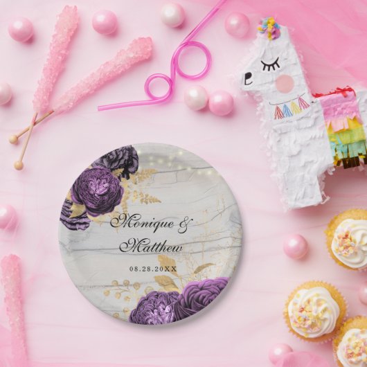 Rustic Paars Peony Wood String of Lights Paper PL Papieren Bordje (Feest)