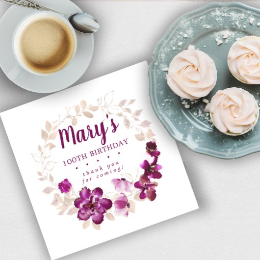 Rustic Paars Pink Floral 100th Birthday Hartelijk  Servet