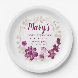 Rustic Paars Pink Floral 100th Birthday Papieren Bordje