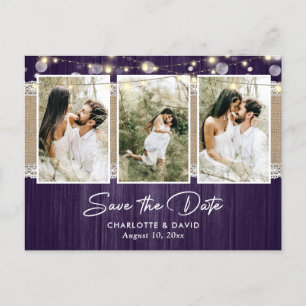 Rustic Paars Wedding Photo Save the Date Aankondigingskaart
