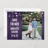 Rustic Paars Wedding Save the Date Photo Aankondigingskaart (Voorkant / Achterkant)