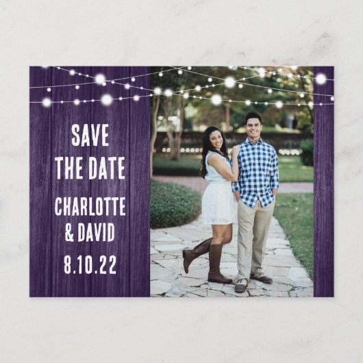 Rustic Paars Wedding Save the Date Photo Aankondigingskaart (Voorkant)