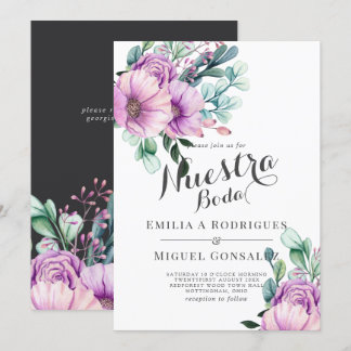 Rustic Paarse Bloem Nuestra Boda Spaanse Bruiloft Kaart