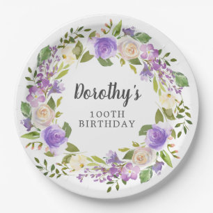 Rustic Paarse Bloemstuk 100ste Verjaardag Papieren Bordje