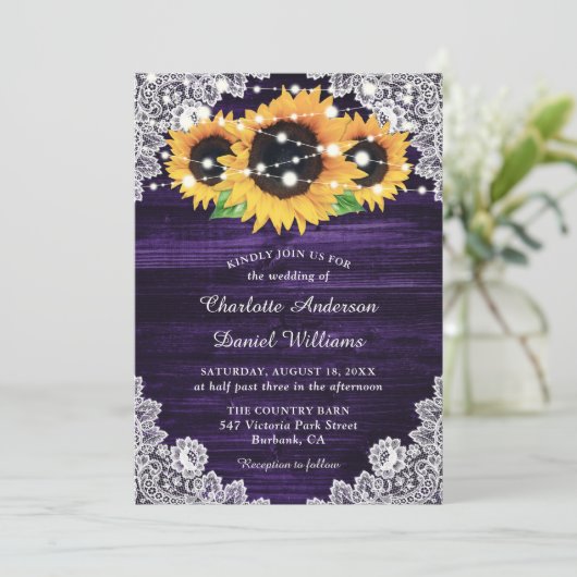 Rustic Paarse Bruine Linten Kant Zonnebloem Bruilo Kaart (Staand voorkant)