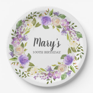Rustic Paarse Floral 100e verjaardag Papieren Bordje