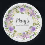 Rustic Paarse Floral 90th Birthday Papieren Bordje<br><div class="desc">Paarse en ivoorwitte rozen creëer een prachtig rustige florale kreet. De naam van de verjaardagsvrouw wordt geschreven in een grote manuscriptdoopvont. 90e verjaardag is hieronder. Dit artikel maakt deel uit van het Paars "Rustic Floral Botanical 90th Birthday collectie". Het bevat vele DIY sjablonen die u snel uitnodigingen en partijbenodigdheden laten...</div>