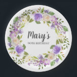 Rustic Paarse Floral 90th Birthday Papieren Bordje<br><div class="desc">Paarse en ivoorwitte rozen creëer een prachtig rustige florale kreet. De naam van de verjaardagsvrouw wordt geschreven in een grote manuscriptdoopvont. 90e verjaardag is hieronder. Dit artikel maakt deel uit van het Paars "Rustic Floral Botanical 90th Birthday collectie". Het bevat vele DIY sjablonen die u snel uitnodigingen en partijbenodigdheden laten...</div>