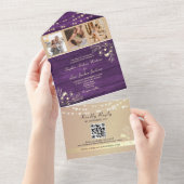 Rustic Paarse Foto's Trouw QR Code All In One Uitnodiging (Afscheurbaar)