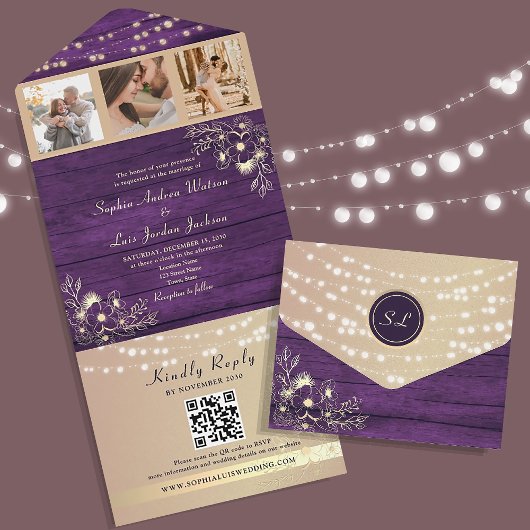 Rustic Paarse Foto's Trouw QR Code All In One Uitnodiging