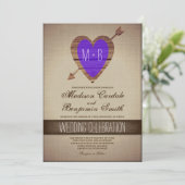 Rustic Paarse Heart Arrow Country Wedding Invites Kaart (Staand voorkant)