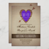 Rustic Paarse Heart Arrow Country Wedding Invites Kaart (Voorkant / Achterkant)