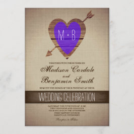 Rustic Paarse Heart Arrow Country Wedding Invites Kaart