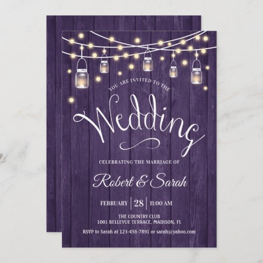Rustic Paarse Hout & Lichten Bruiloft Kaart (Voorkant / Achterkant)