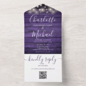Rustic Paarse Houten Slingerende Lichtjes QR Code  All In One Uitnodiging (Binnen)
