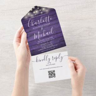 Rustic Paarse Houten Slingerende Lichtjes QR Code  All In One Uitnodiging