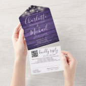 Rustic Paarse Houten Slingerlichten QR Code Trouwe All In One Uitnodiging (Afscheurbaar)