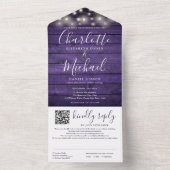 Rustic Paarse Houten Slingerlichten QR Code Trouwe All In One Uitnodiging (Binnen)