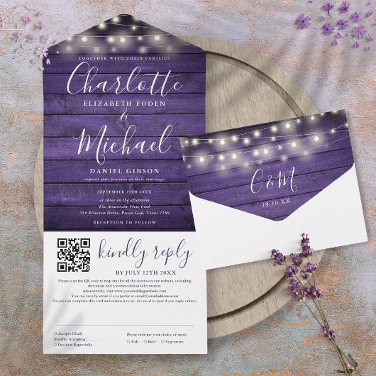 Rustic Paarse Houten Slingerlichten QR Code Trouwe All In One Uitnodiging