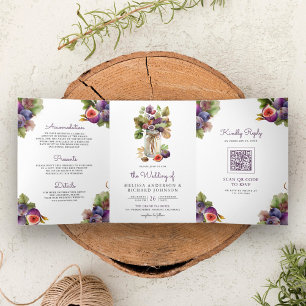 Rustic Paarse Vijgen All in One QR Code Trouwen Drieluik Uitnodiging
