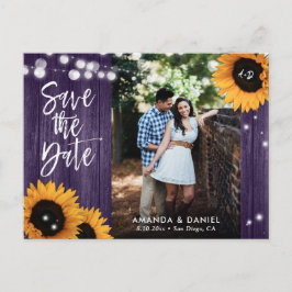 Rustic Paarse Zonnebloem Save The Date Postkaart Aankondigingskaart