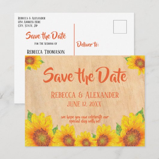 Rustic Painterly Sunflower Save the Date Briefkaart (Voorkant / Achterkant)