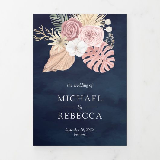Rustic Palm Dusty Roses Navy QR Code Weddenschap Drieluik Uitnodiging (Cover)