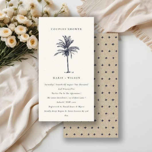 Rustic Palm Tree Navy Kraft Couples Shower Bedankkaart
