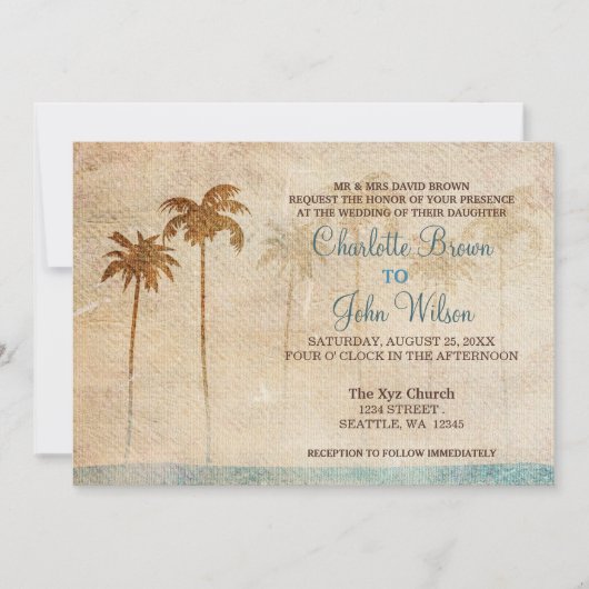 Rustic Palm Trees Beach Wedding Invitations Kaart (Voorkant)