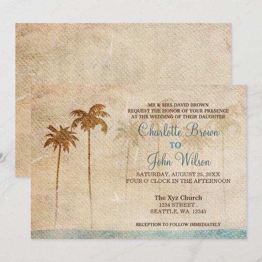 Rustic Palm Trees Beach Wedding Invitations Kaart (Voorkant / Achterkant)