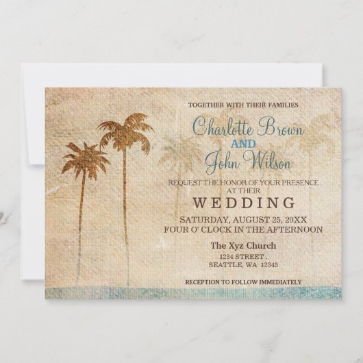 Rustic Palm Trees Beach Wedding Invitations Kaart (Voorkant)