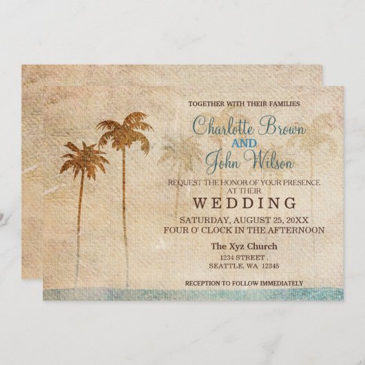 Rustic Palm Trees Beach Wedding Invitations Kaart (Voorkant / Achterkant)