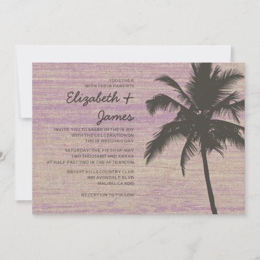Rustic Palm Trees Burlap Wedding Invitations Kaart (Voorkant)