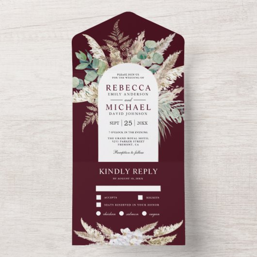 Rustic Pampas Eucalyptus Arch Burgundy Wedding All In One Uitnodiging (Binnen)