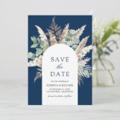 Rustic Pampas Eucalyptus Arch Navy Blue Wedding Save The Date (Staand voorkant)