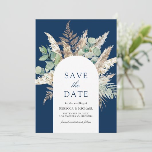 Rustic Pampas Eucalyptus Arch Navy Blue Wedding Save The Date (Staand voorkant)