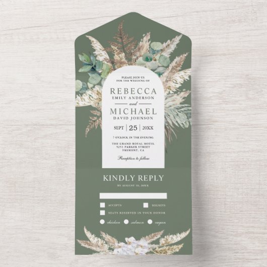 Rustic Pampas Eucalyptus Arch Sage Green Wedding All In One Uitnodiging (Binnen)