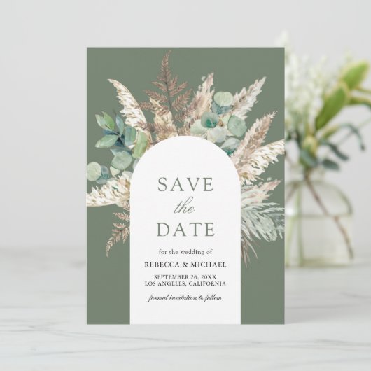 Rustic Pampas Eucalyptus Arch Sage Green Wedding Save The Date (Staand voorkant)
