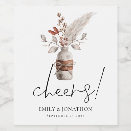 Rustic Pampas Grass Cheers Names Wedding Wijn Etiket (Enkel label)