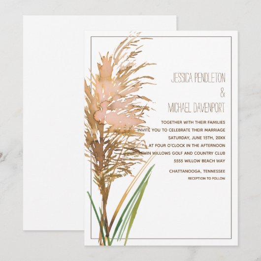 Rustic Pampas Grass op White Wedding Kaart (Voorkant / Achterkant)
