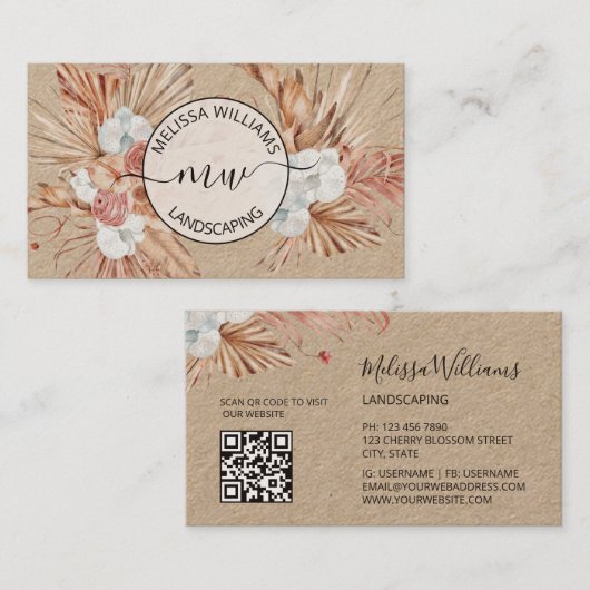 Rustic Pampas Grass Watercolor Boho Logo Visitekaartje (Voorkant / Achterkant)