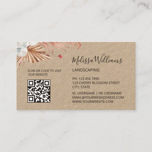 Rustic Pampas Grass Watercolor Boho Logo Visitekaartje (Achterkant)