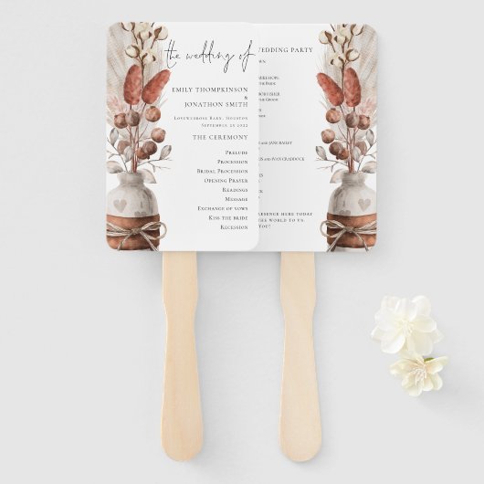 Rustic Pampas Grass Wedding Programme Handwaaier (Voorkant en achterkant)